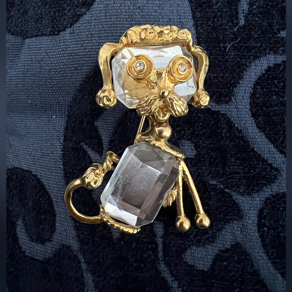 Gold and Clear Crystal Dog Brooch